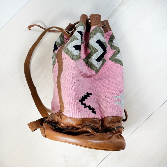 Ecote Southwestern Tapestry Leather Duffle Bucket Bag Drawstring Pink Brown - Picture 14 of 14